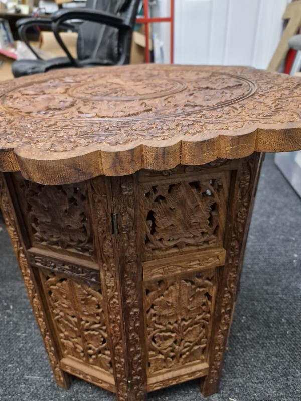 Vintage Indian Hand Carved Octagonal Side Table 19"H×19"W Go gallery