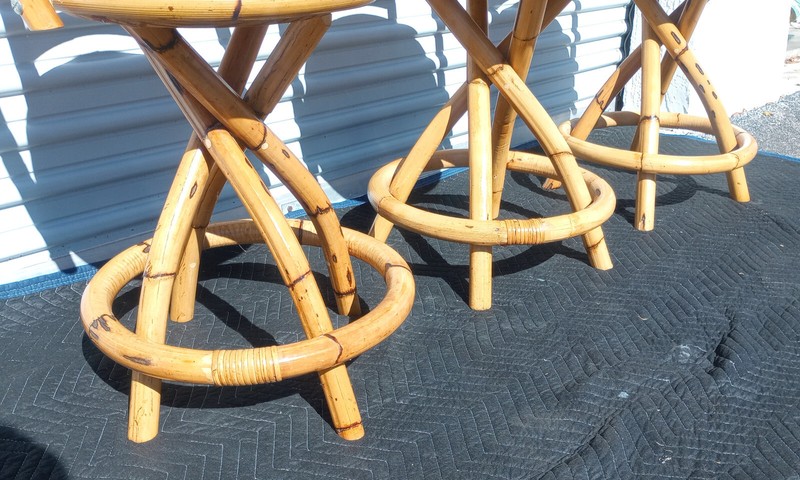 Vintage Mid Century Bamboo Rattan Set Of 3 Swivel Bar Stools gallery