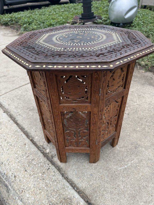 Antique Octagonal Carved Wooden Folding India Side Table 18x18 gallery