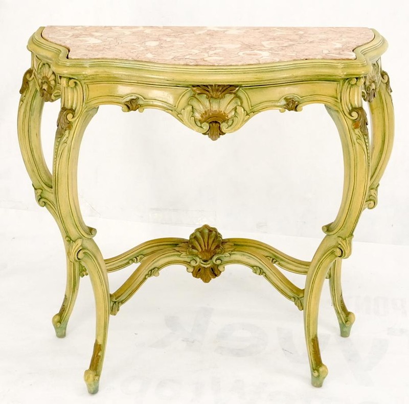 Carved French Regency Paint Decorated Console Table w/ Rouge Pink Marble Top gallery