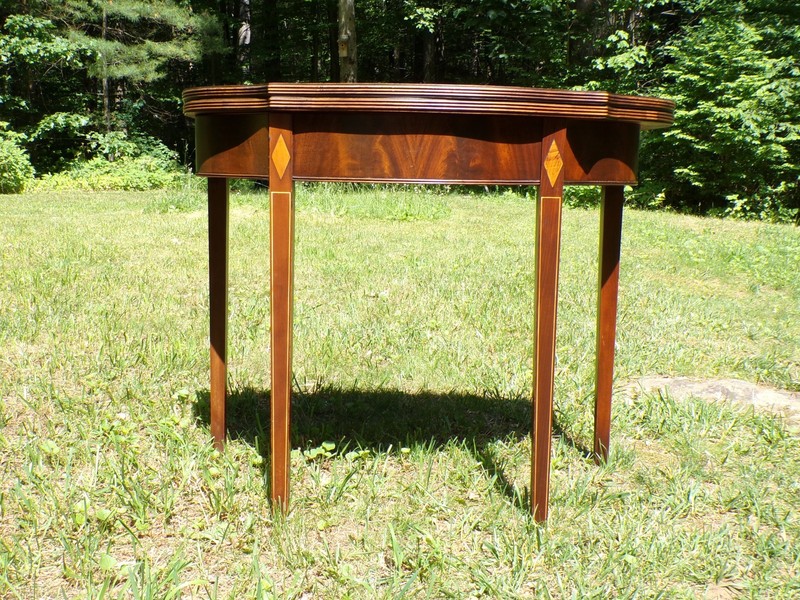 Antique Federal Style Inlaid Mahogany Game Card Table Demilune Console Table gallery