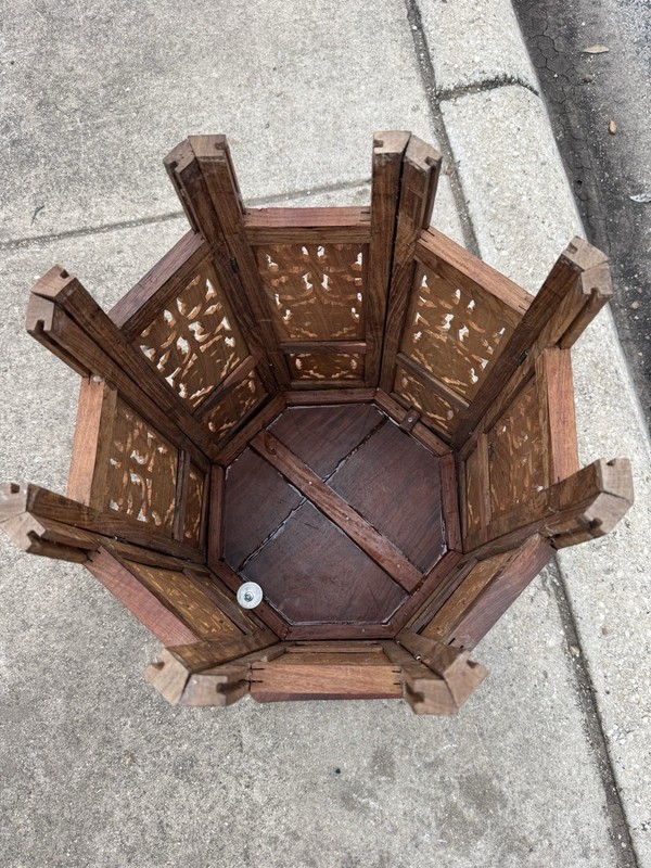 Antique Octagonal Carved Wooden Folding India Side Table 18x18 gallery