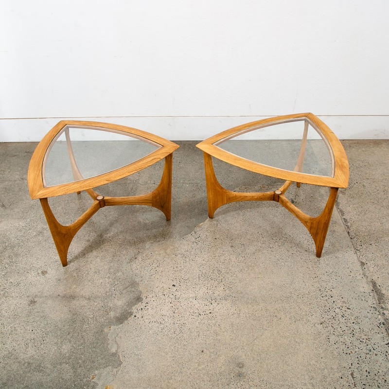 Mid Century Modern Cocktail Table Set Side End Round Glass Triangular Lane Pair