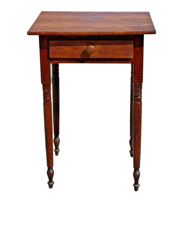 Antique tiger maple side table work stand 1 drawer sheraton 1820 gallery