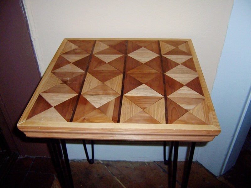 vintage mid cent modern Wooden Geometric Design table iron Hairpin Legs gallery
