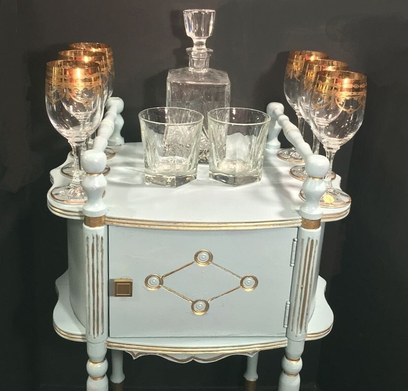 French inspired bar cart. Vintage cigar humidor table. Tea table. French blue. gallery