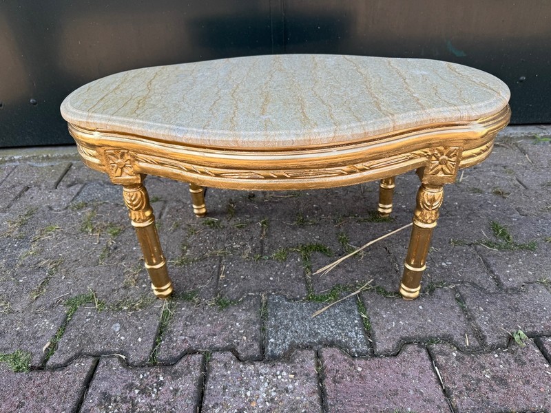 Table French Louis XVI 1950 Gold Beech Marble Oval Coffee Side Accent Table gallery