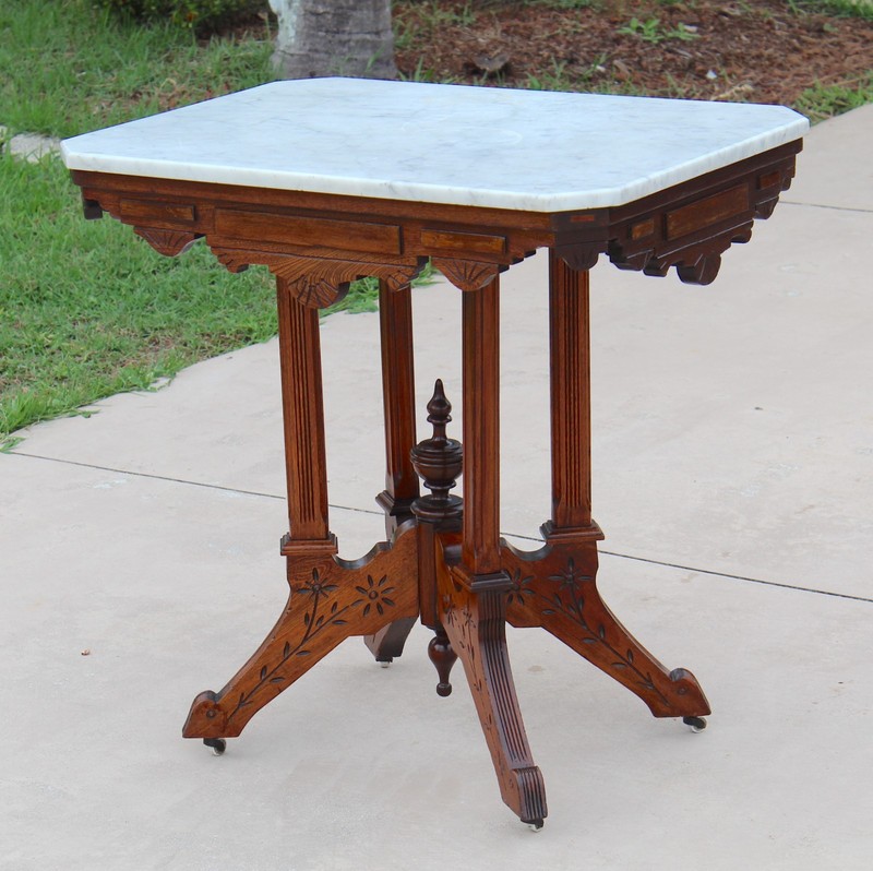Antique Victorian Eastlake Marble Top Parlor Table | Carved Walnut Side - 1880 gallery