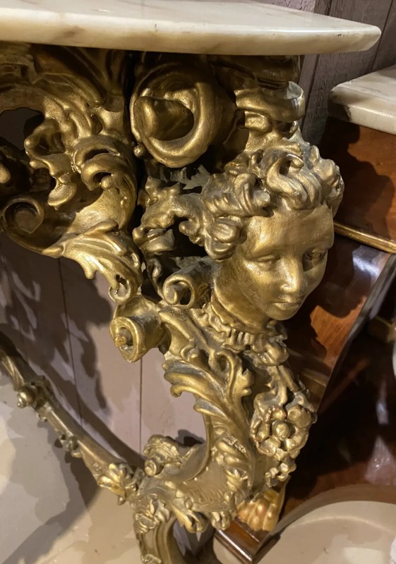 Louis XV Style Marble Top Carved Giltwood Console, Cherub & Figural Decorations gallery
