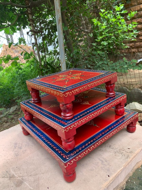 Stool For Pooja Handmade Indian Wooden Chowki Decorative Home Decor Bajot Art gallery