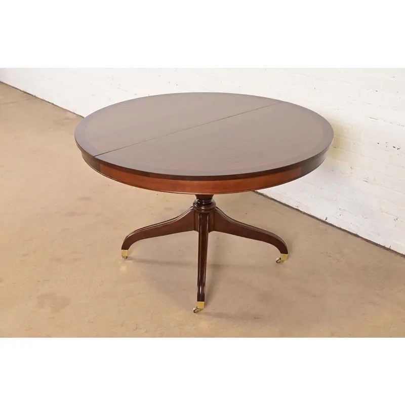 Baker Furniture Style Regency Banded Cherry Wood Pedestal Extension Dining Table gallery