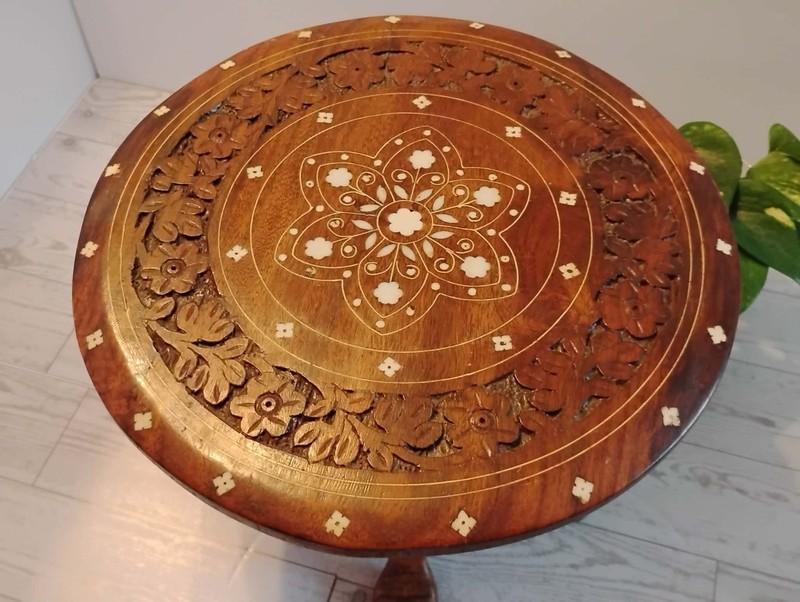 Wooden Indian Carved Table with Inlay Design & Sculptured Legs gallery