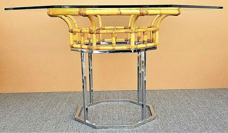 Vintage MCM Milo Baughman Style Chrome Bamboo Rattan Glass Dining Gaming Table gallery