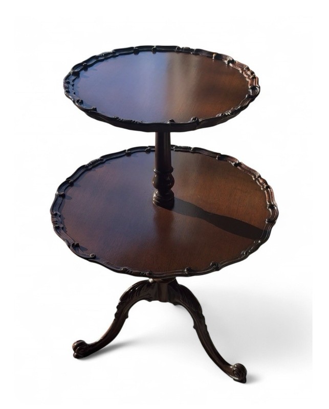 Vintage Chippendale Style Mahogany 2-Tier Pie Crust Side Table Carved Foot