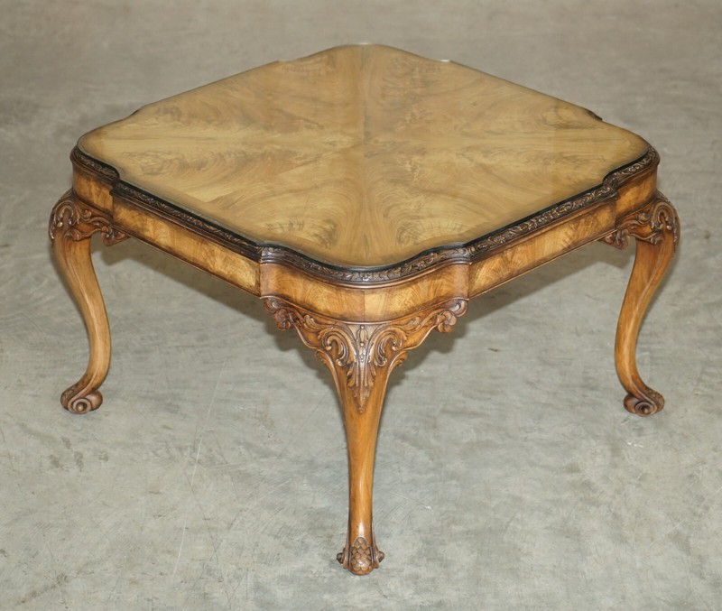 EXQUISITE BURR WALNUT COFFEE COCKTAIL TABLE WITH ORNATELY CARVED CABRIOLE LEGS gallery