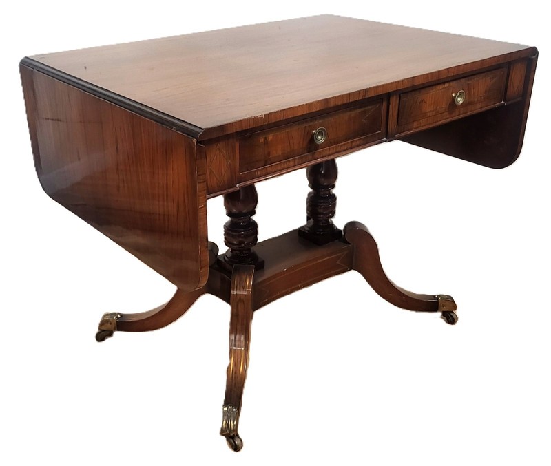 19th C ENGLISH Regency Carved & Brass Inlaid Rosewood Drop Leaf SOFA TABLE Desk gallery