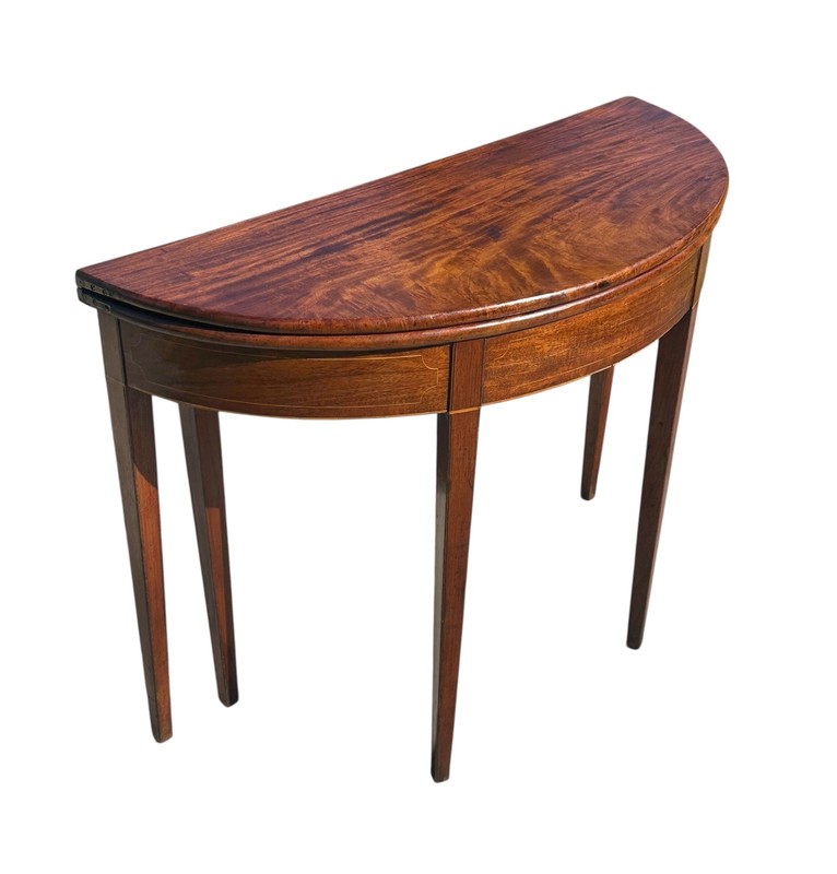 Antique George III Era Mahogany & Satinwood Inlaid Demi-Lune Console Game Table gallery