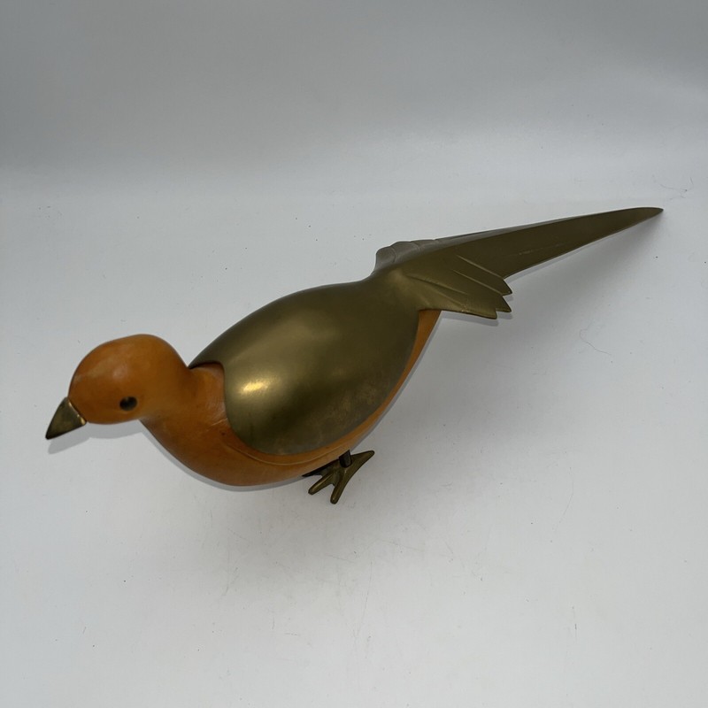 Vintage Carved Bird Peacock Wood And long Brass Feather Tail Nice Condition!! gallery