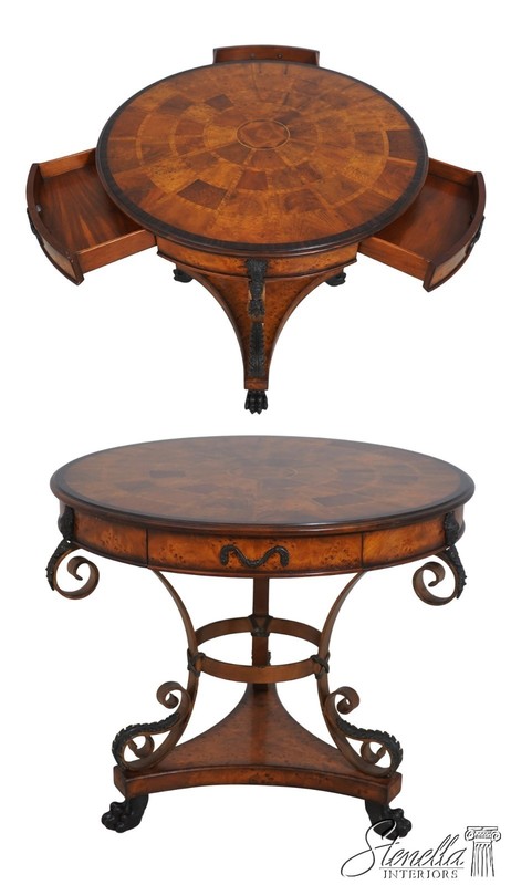 L71378: THEODORE ALEXANDER Round Iron And Burl Walnut Drum Table