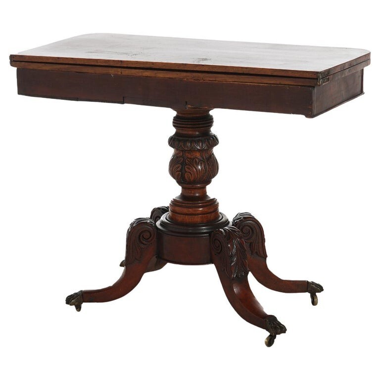Antique Federal Duncan Phyfe Style Acanthus Carved Mahogany Card Table C1830