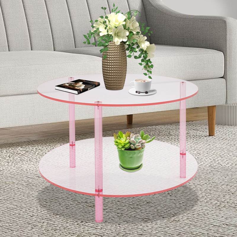 Pink Acrylic Round 2-Tier Coffee Table 23.6 × 16.5 In Modern