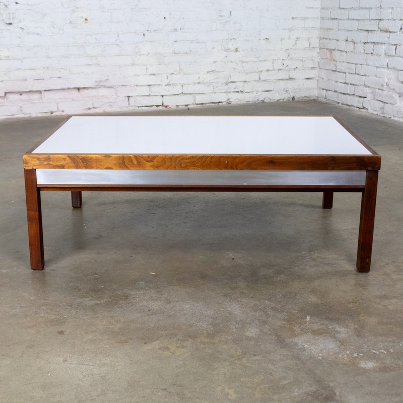 Mid-20th MCM Coffee or End Table Rectangular Walnut Frame & White Laminate Top