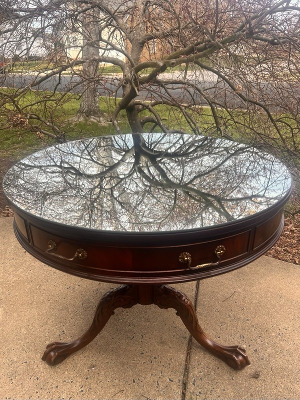 Antique English Chippendale Style Mahogany Leather Top Center Table & Mirror Top gallery