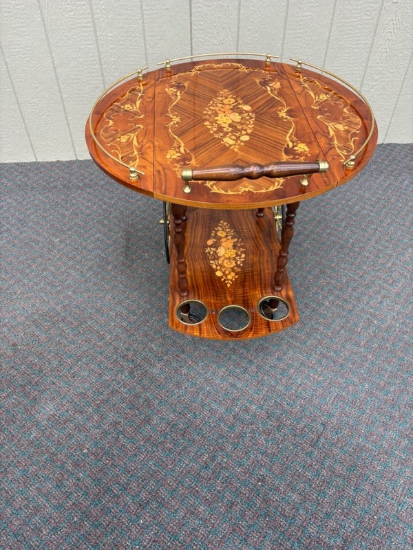 67588 Italian Inlaid Wood Tea Cart with Floral Marquetry and Brass Accents gallery