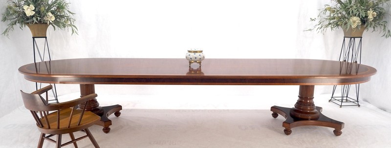 Banded Oval Racetrack Shape Carved Double Pedestal Burl Walnut 13' Long Dining gallery