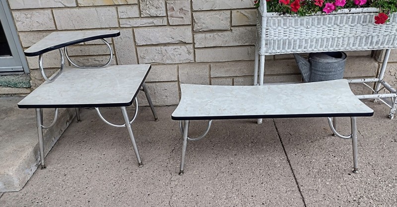 Vintage Atomic MCM Swedish Formica & Chrome Coffee & 2 Tier Step End Table Set