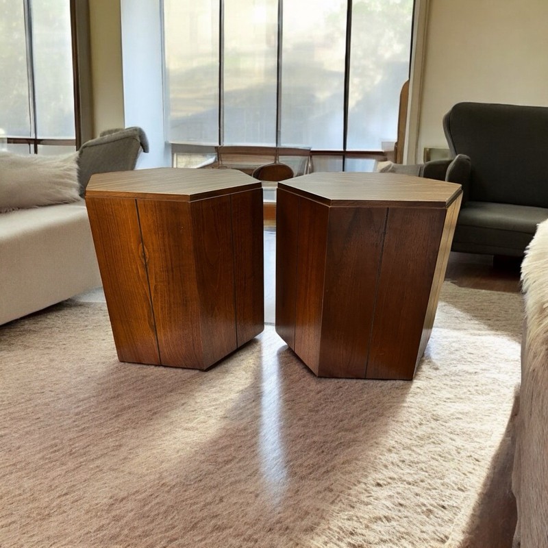 Mid Century Modern LANE Hexagon Wood Side Tables / Plant Stand / Pedestal – Pair