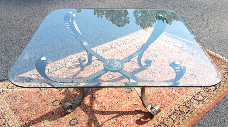 Contemporary Metal and 40″x40″ Beveled Glass Top Coffee Table – Local Pickup