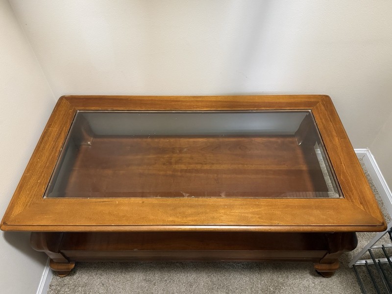 Antique Finish Wood and Glass Rectangular Coffee Table Brown Fixed Top