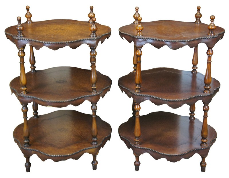 2 Theodore Alexander 3 Tier Leather Turtle Top & Nailhead Accent Side End Tables gallery