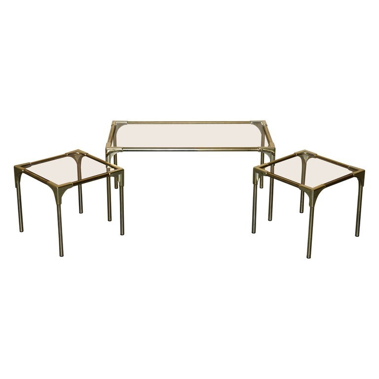 MID CENTURY MODERN BRASS & SMOKED GLASS COFFEE TABLE & PAIR OF SIDE NEST TABLES
