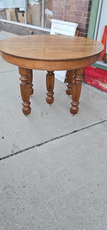 Antique Victorian Round Oak dining Table with Fluted legs gallery