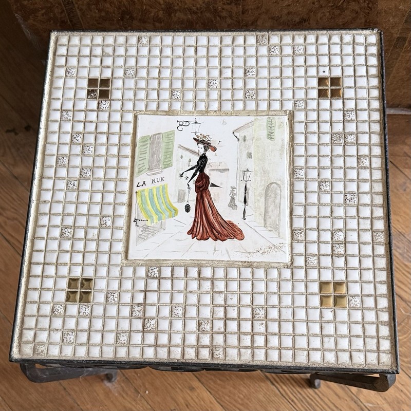 Vintage Mid Century Small Side Table Paris Lady Mosaic tiles Border Wrought Iron gallery