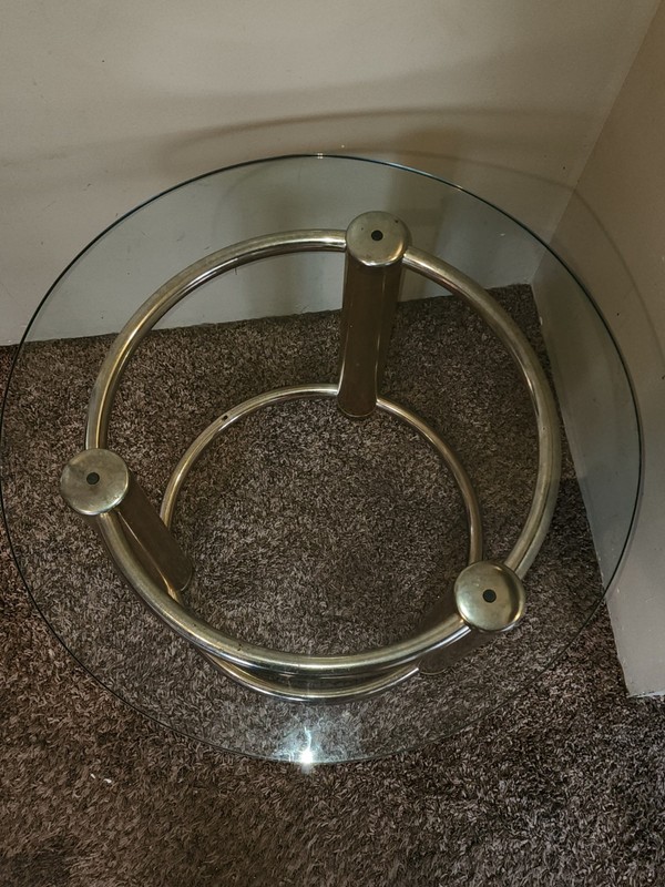 Mid Century Modern Hollywood Regency Tubular Brass Round Glass Side Table 26" gallery
