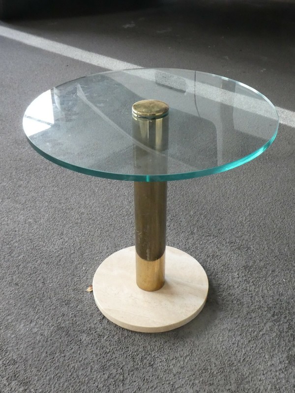 1970'S BRASS AND GLASS SIDE TABLE ON A TRAVERTINE MARBLE BASE gallery