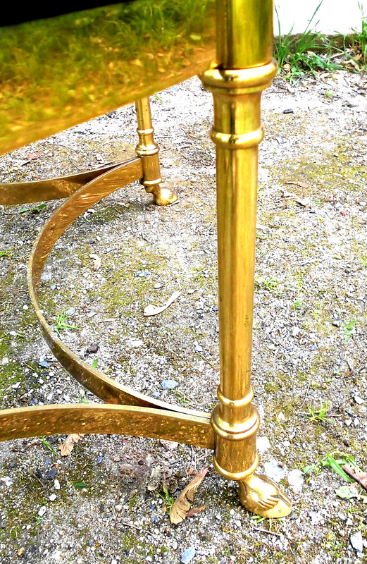 VINTAGE 6 LEG BRASS AND GLASS COFFEE TABLE WITH HORSE HOOF FEET gallery