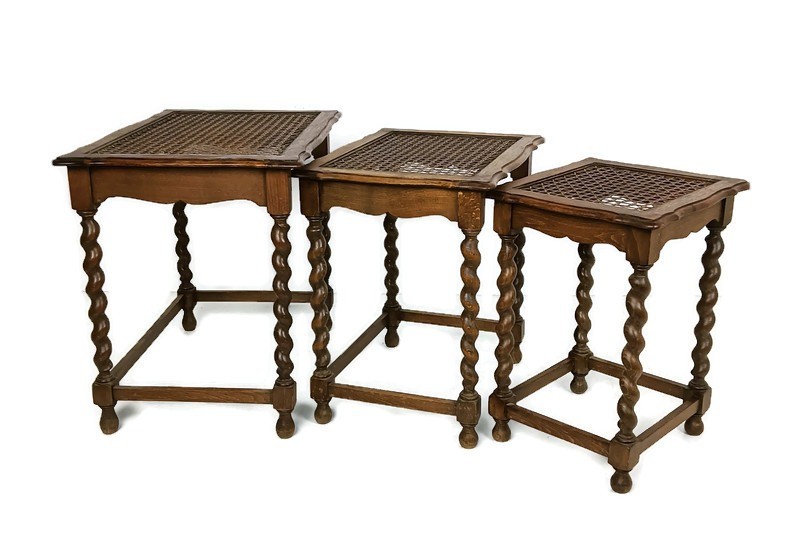 Set of 3 Barley Twist Wooden Nesting Stacking Side Tables Rush tops Barn Country