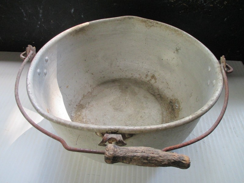 Large Antique Rustic Aluminum Ware Wood Bail Handle Pot-great for Flower Pot
