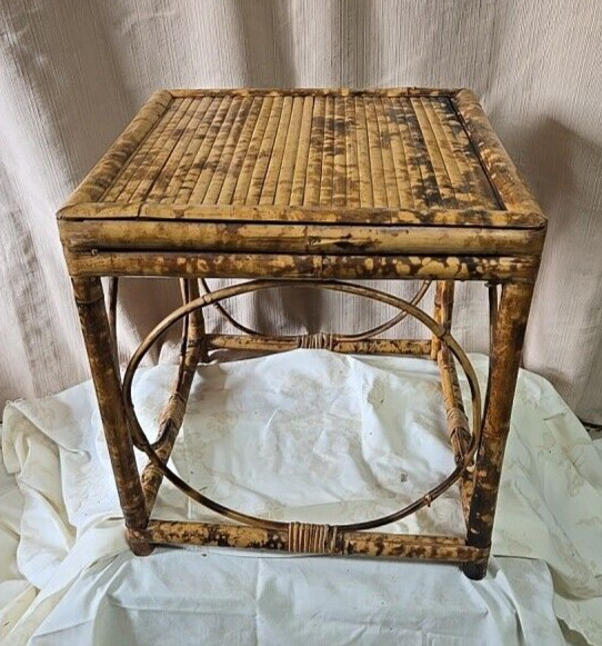 Vintage Scorched Bamboo Geometric Side Table Plant Stand Boho Chic Tortoise 16"