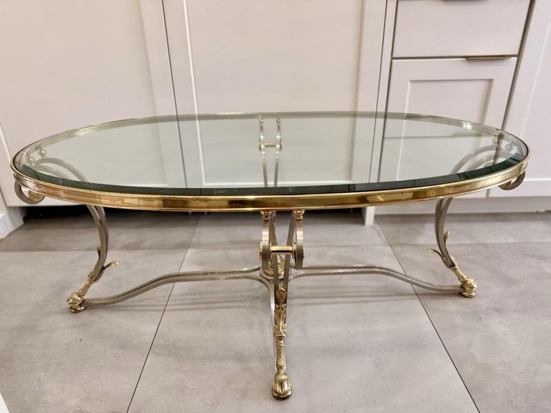 Vntg LaBarge Steel & Brass Hollywood Regency Jansen Style Glass Top Coffee Table