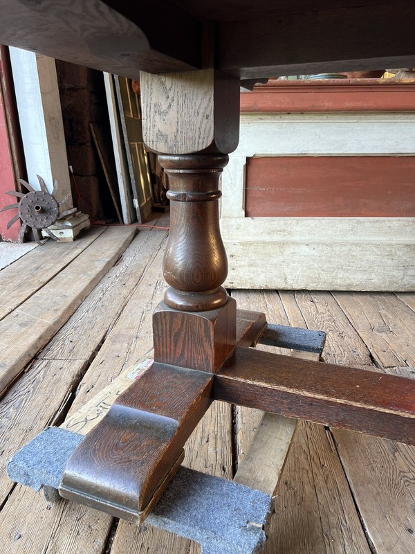 c1900 massive oak Trestle style table gorgeous patina 10’ l X 38.25” w x 29.5”h gallery