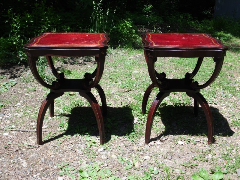 Vintage Pair Adams Always Regency Style Mahogany Red Leather Top 2 Tier Tables