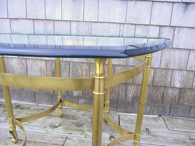 Hollywood Regency Labarge Queen Anne Hexagon Brass Glass Side End Table H1 gallery