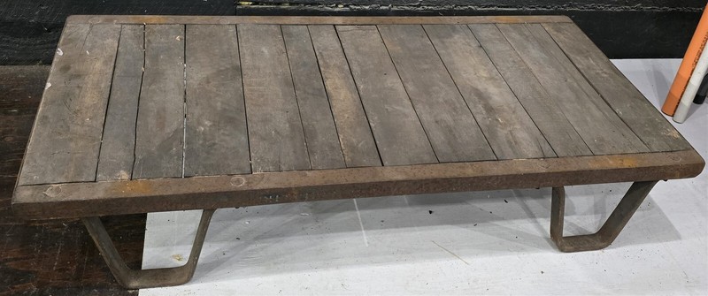 Vintage Primitive Industrial Railroad Steel & Wood Riser Low Table Pallet #2