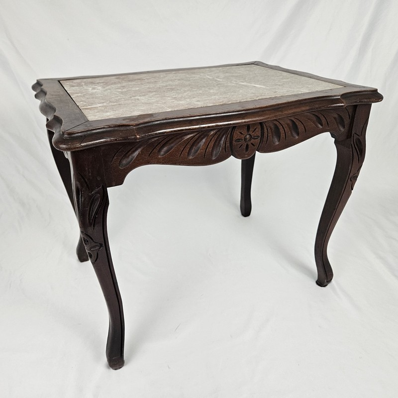 Vintage Louis XV Marble Top Tea Table Carved Walnut French Rococo Antique