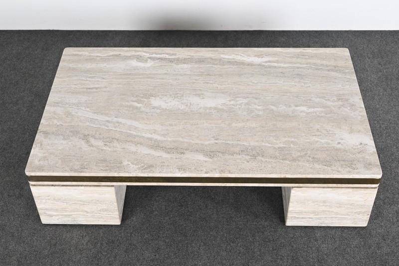 Monumental Travertine and Stainless Steel Coffee Table manner of Karl Springer gallery